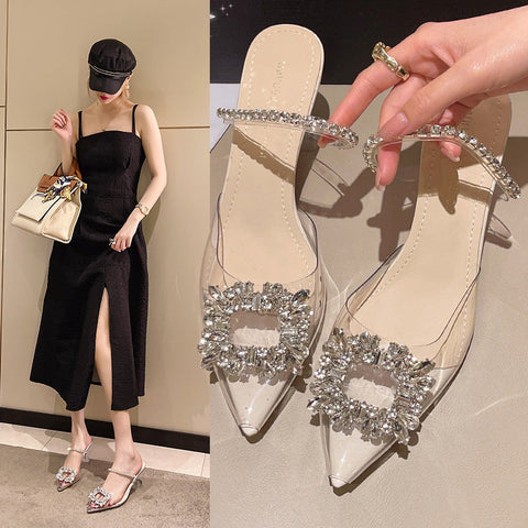 Women's Stylish Outdoor Summer Korean Style Rhinestone Pearl Word Heels