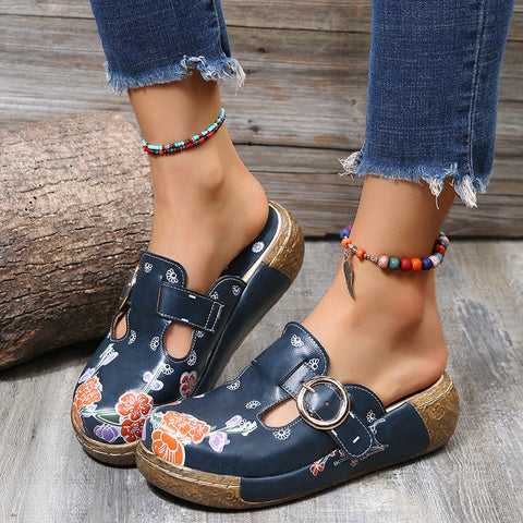 Vintage Print Platform Toe Slippers