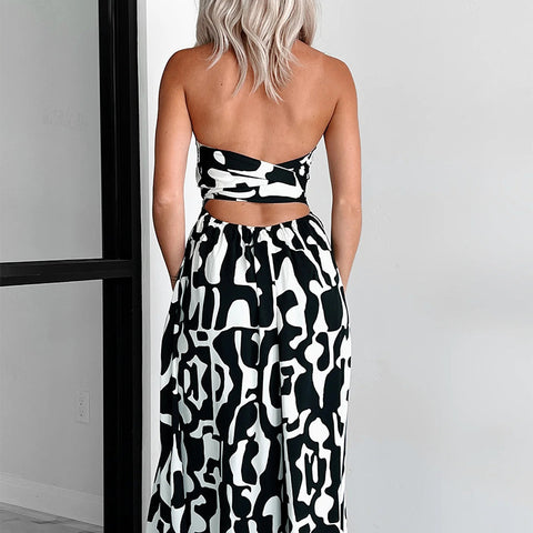 Black and white tube top printed jumpsuit