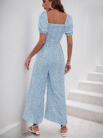 V Neck Wide Leg Polka Dot Jumpsuit