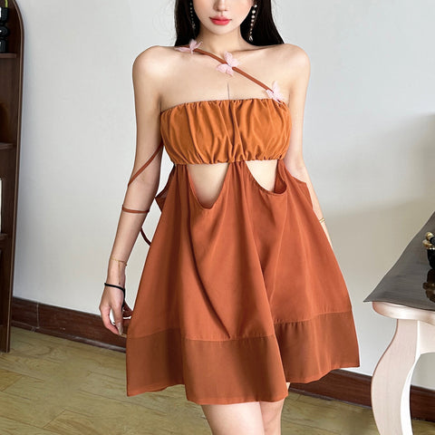 3D flower waist-baring hollow design one-shoulder dress