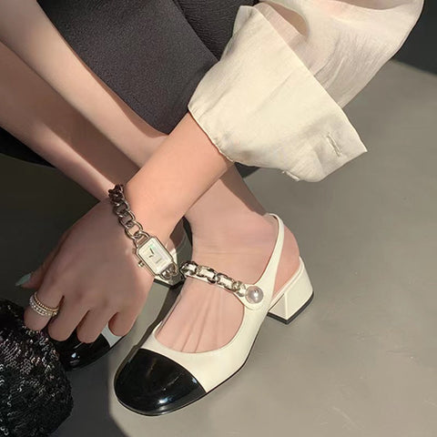 Women's Chain Closed Toe Chunky Temperament Heels