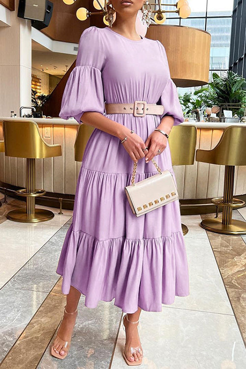 O Neck Puff Sleeve Ruffles Midi Dress