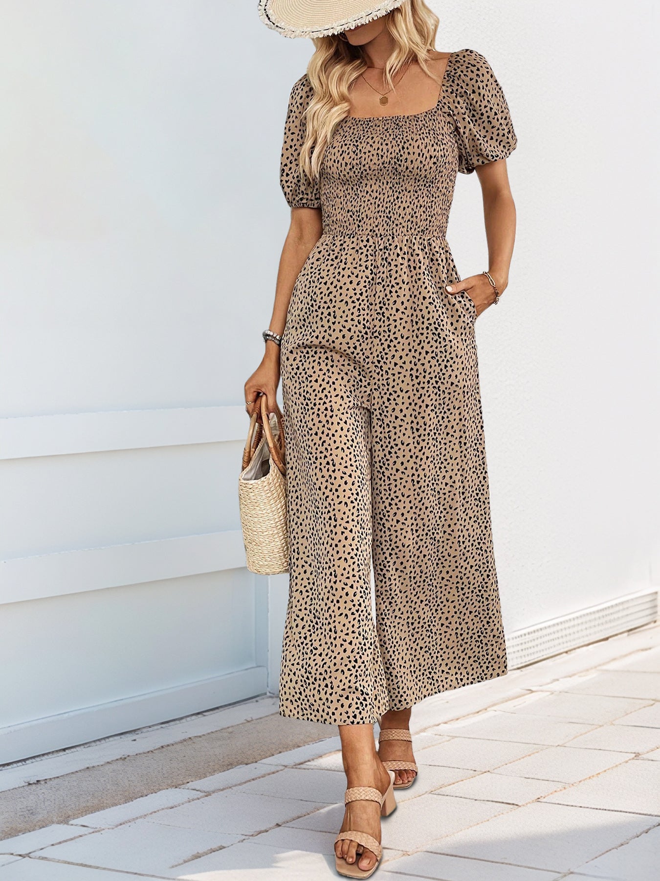 V Neck Wide Leg Polka Dot Jumpsuit