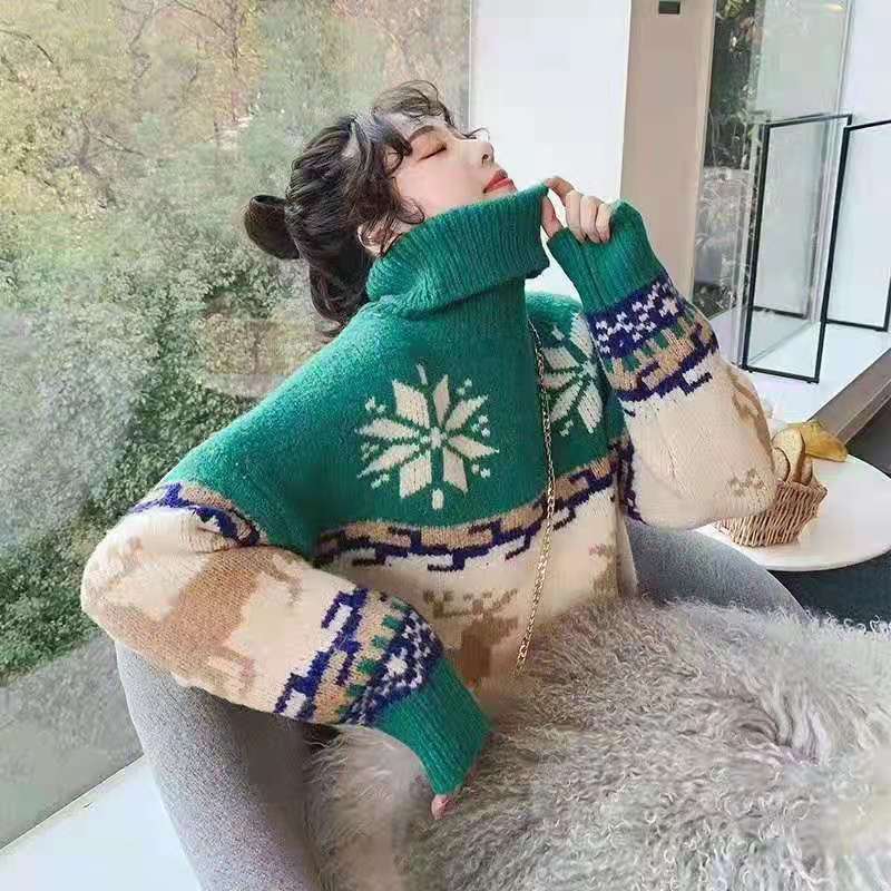 Suéter de punto con cuello alto y gráfico navideño