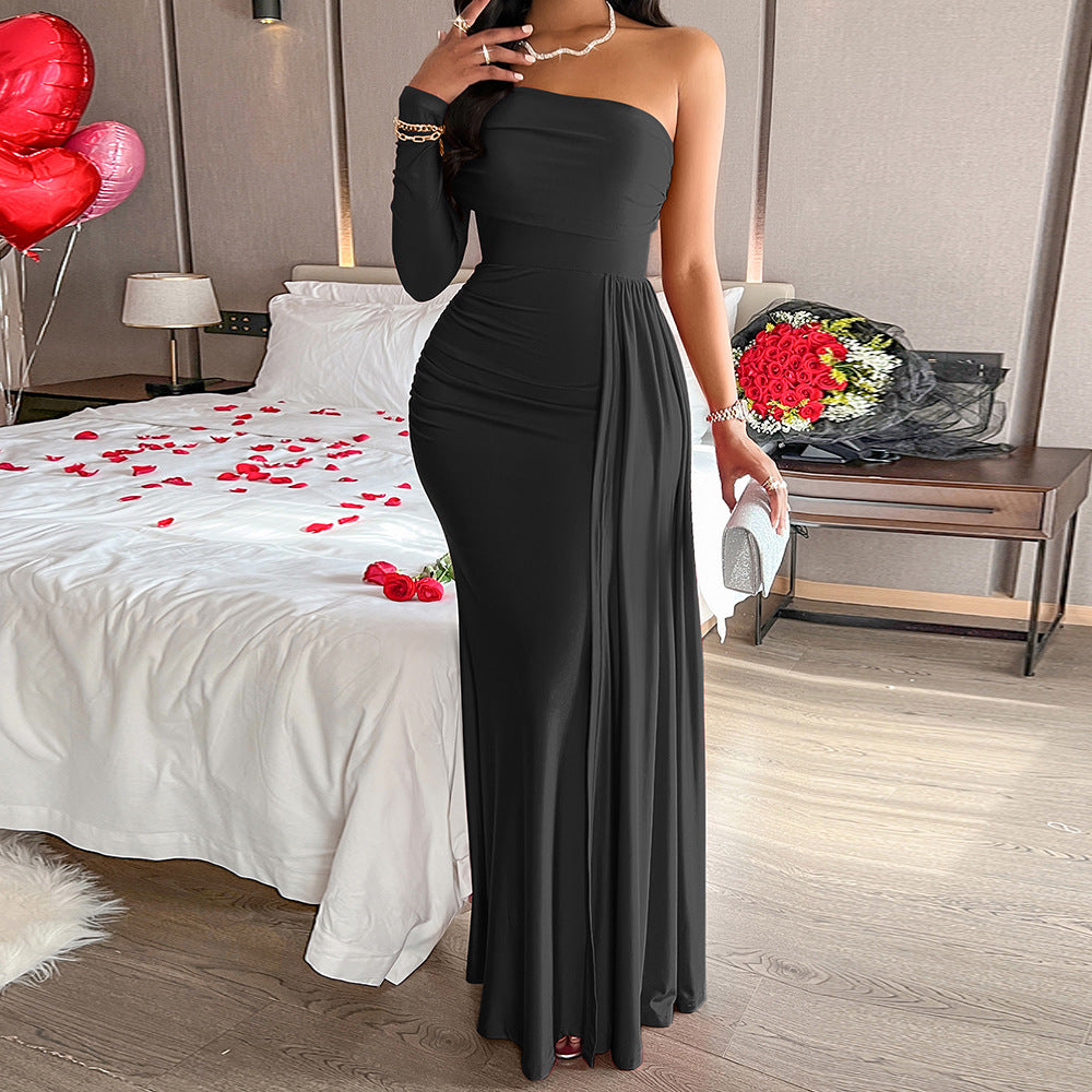 Elegant Solid Fold Oblique Collar Evening Dress Dresses