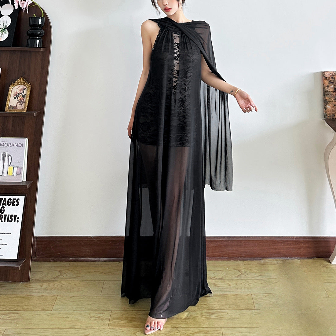 Halter neck lace panel design solid color long dress