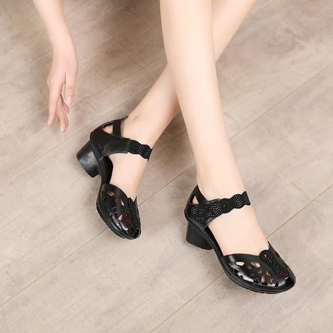 Women's Mid Chunky Summer Versatile Rhinestone Peep Toe Heels