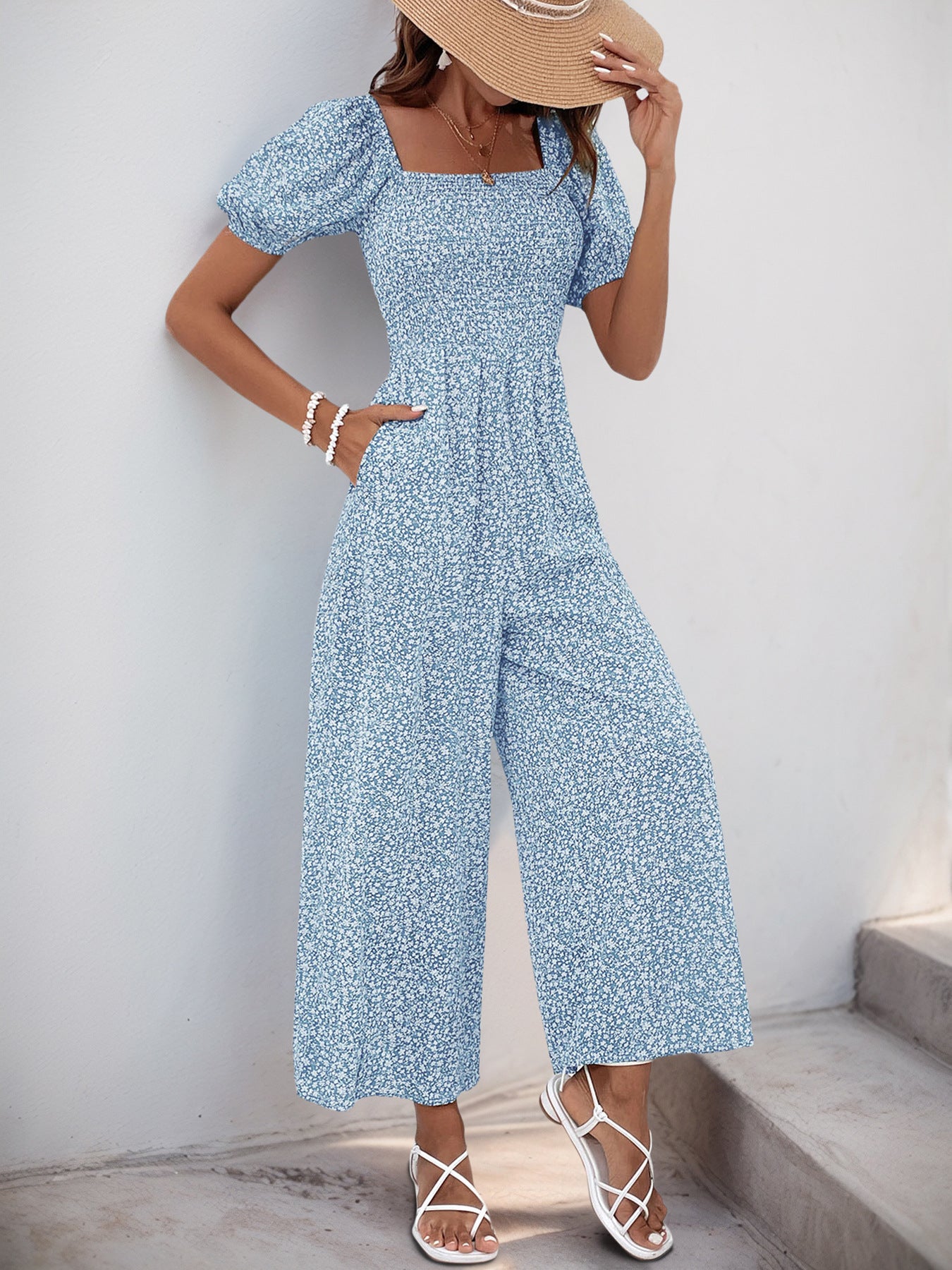 V Neck Wide Leg Polka Dot Jumpsuit