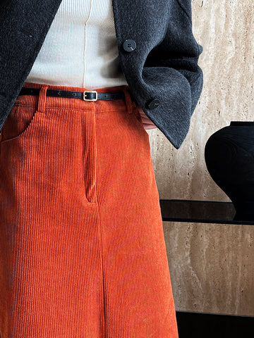 Vintage High-Waisted Corduroy Front-Slit Midi Skirt