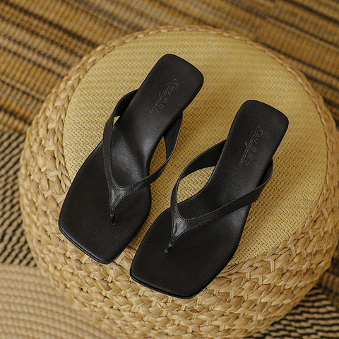 Women's Style Square Toe Genuine Kitten Flip-flops Heels