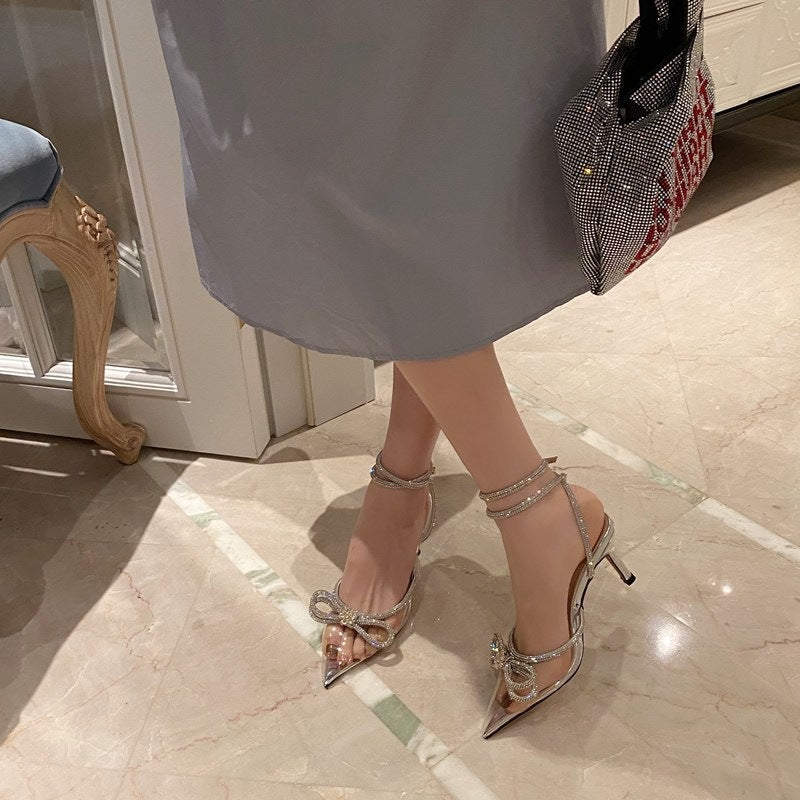 Women's French Strap Rhinestone Closed Toe Transparent Heels