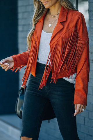 Vintage Lapel Long Sleeve Fringe Cropped Hippie Jacket