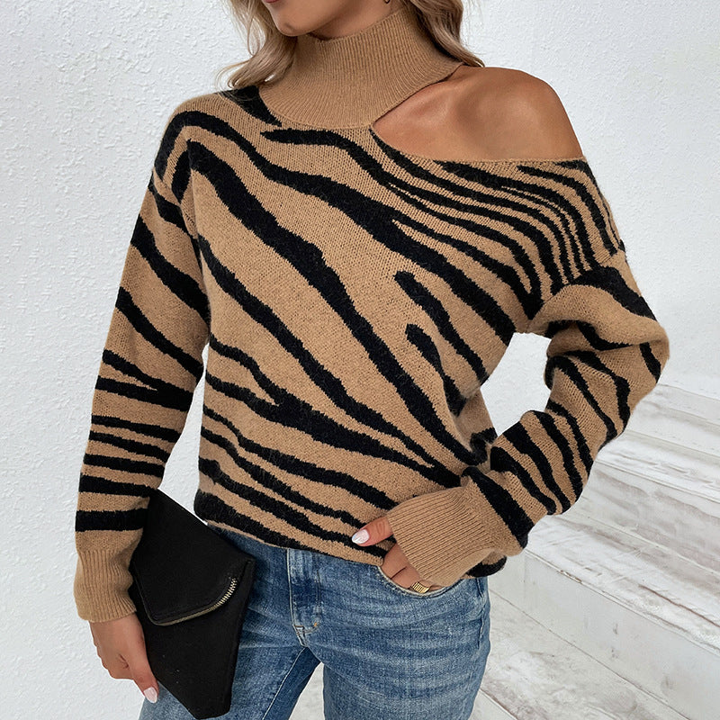 Tiger Print Turtleneck Drop-Shoulder Contrast Knit Sweater