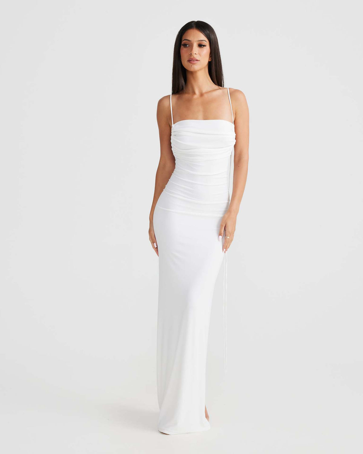 Gathered off-shoulder halter dress