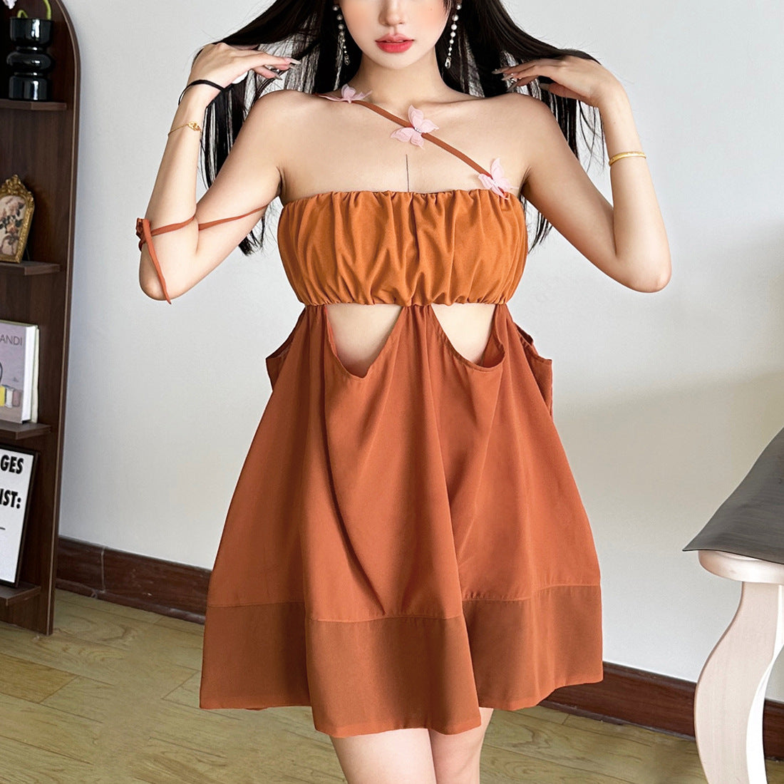 3D flower waist-baring hollow design one-shoulder dress