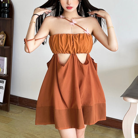 3D flower waist-baring hollow design one-shoulder dress