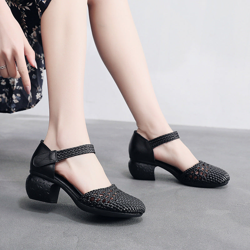 Women's Toe Breathable Chunky Woven Hollowed Heels