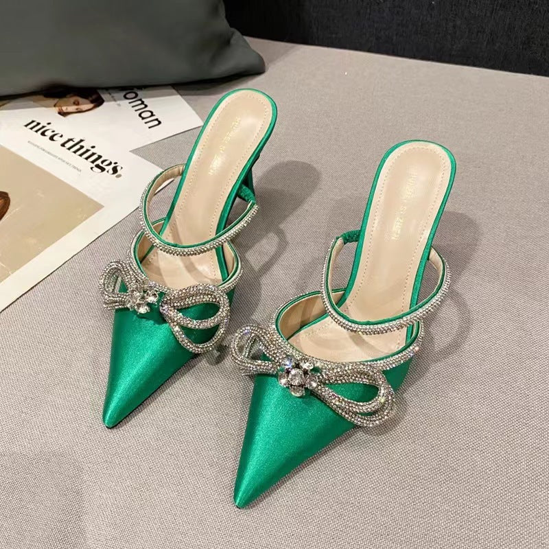 Women's Bowknot Rhinestone High Silk Back Heels