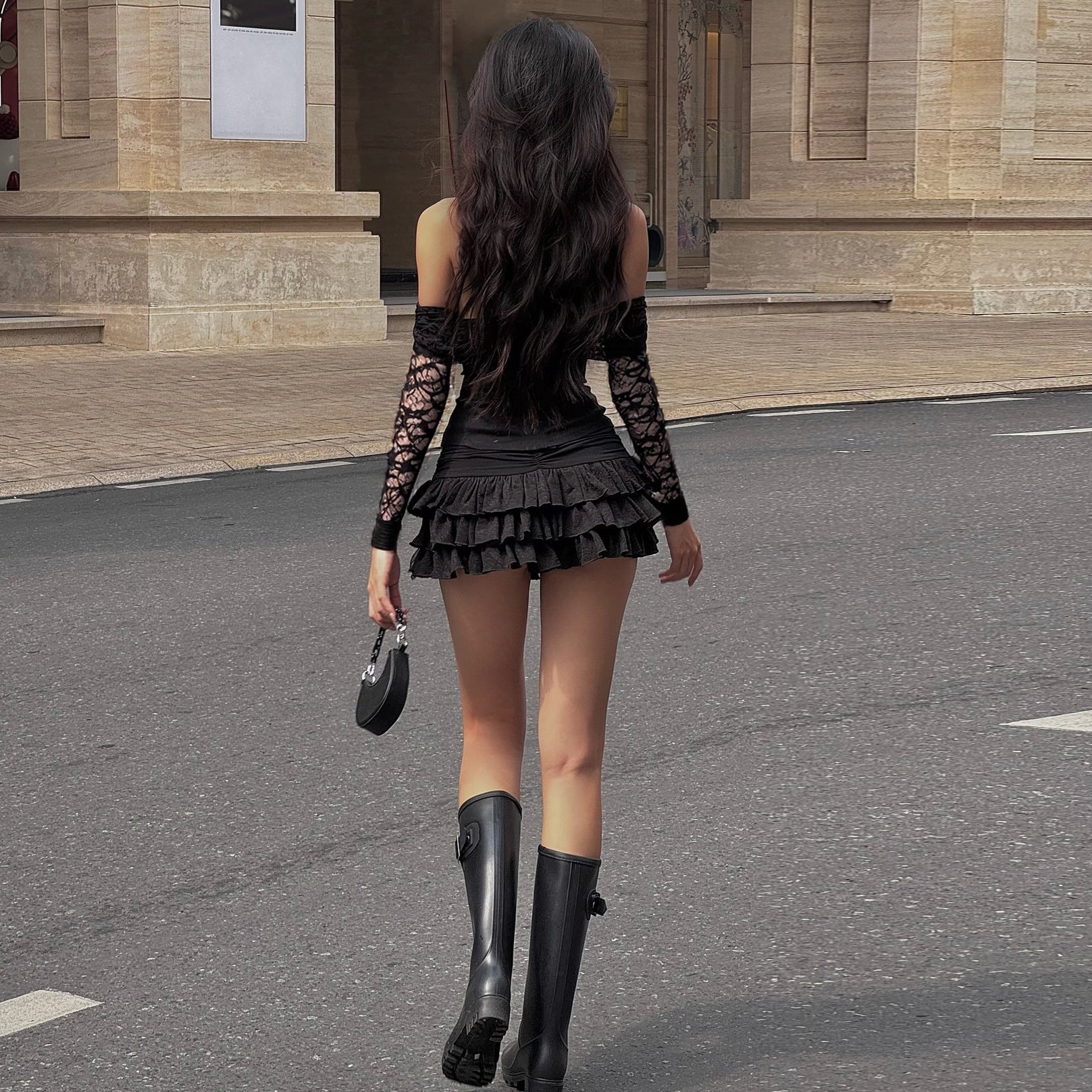 Lace mesh top and hip-hugging skirt suit