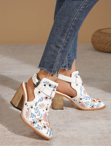 Vintage Floral Embroidered Espadrilles Chunky Heels