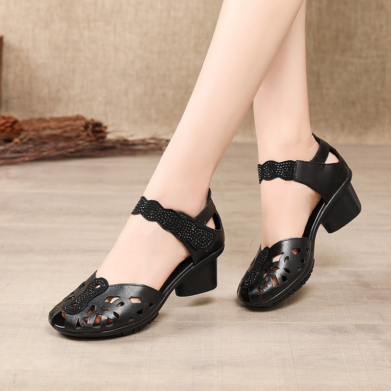 Women's Mid Chunky Summer Versatile Rhinestone Peep Toe Heels