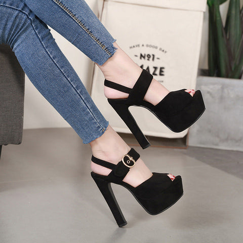 Women's High Platform Buckle Chunky Peep Toe Heels