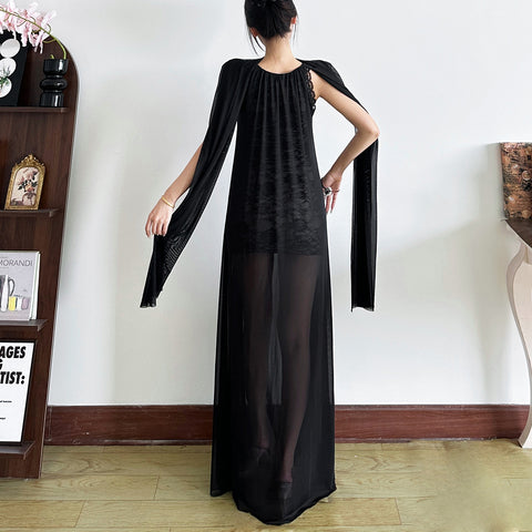 Halter neck lace panel design solid color long dress