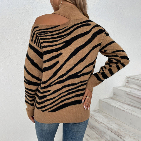 Tiger Print Turtleneck Drop-Shoulder Contrast Knit Sweater