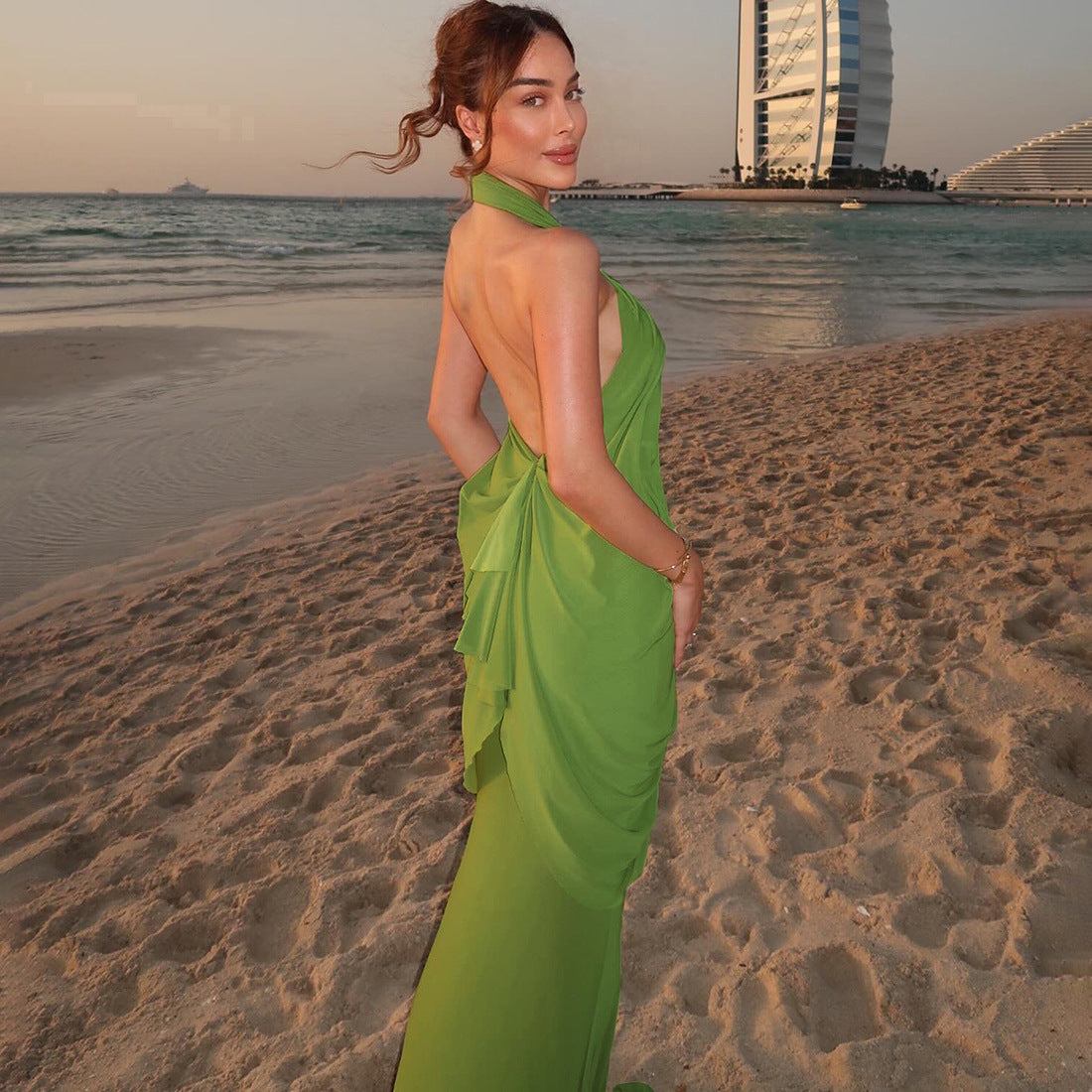 Solid color mesh creative halter neck backless dress