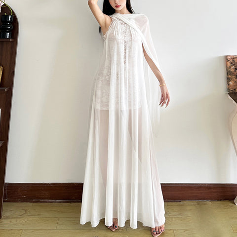 Halter neck lace panel design solid color long dress
