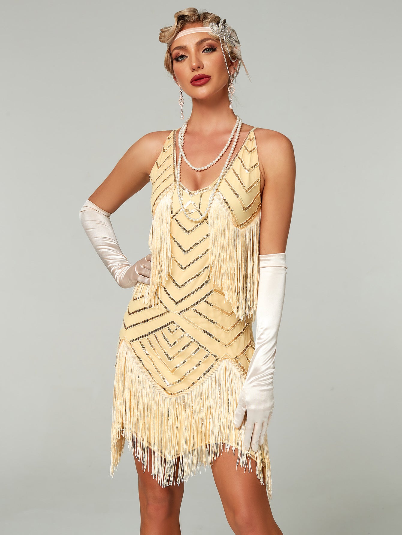 A Halter Sequined Tassel Evening Dress