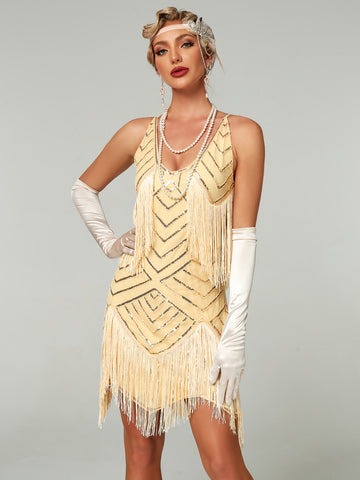 A Halter Sequined Tassel Evening Dress