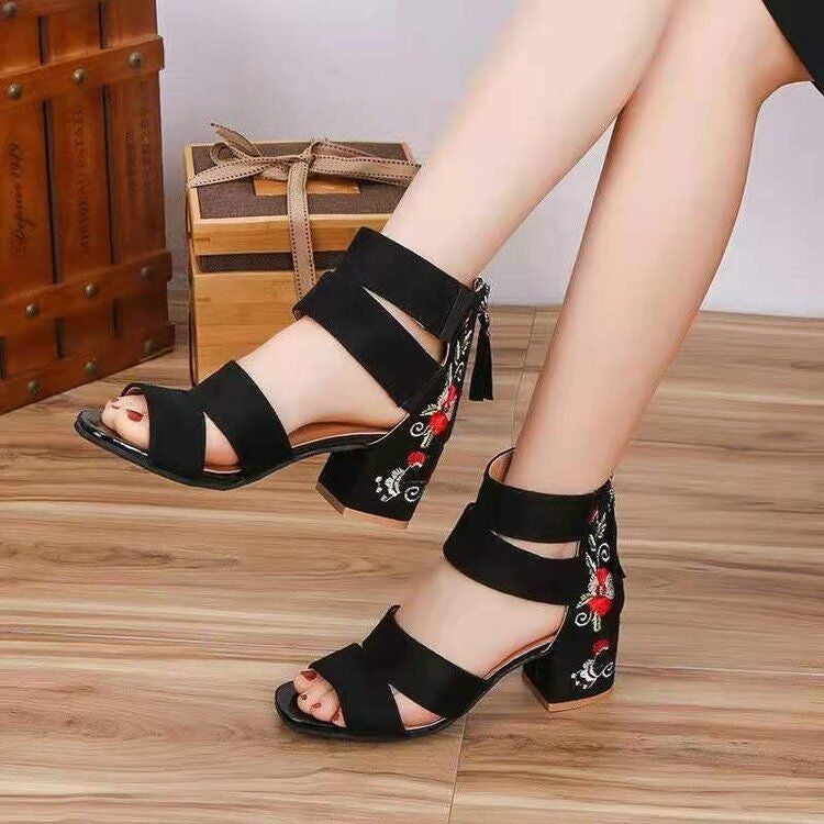 Mid Open Toe Elastic Band Back Zipper Heels