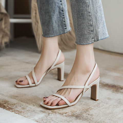 Women's Summer Square Toe Chunky Roman Heels