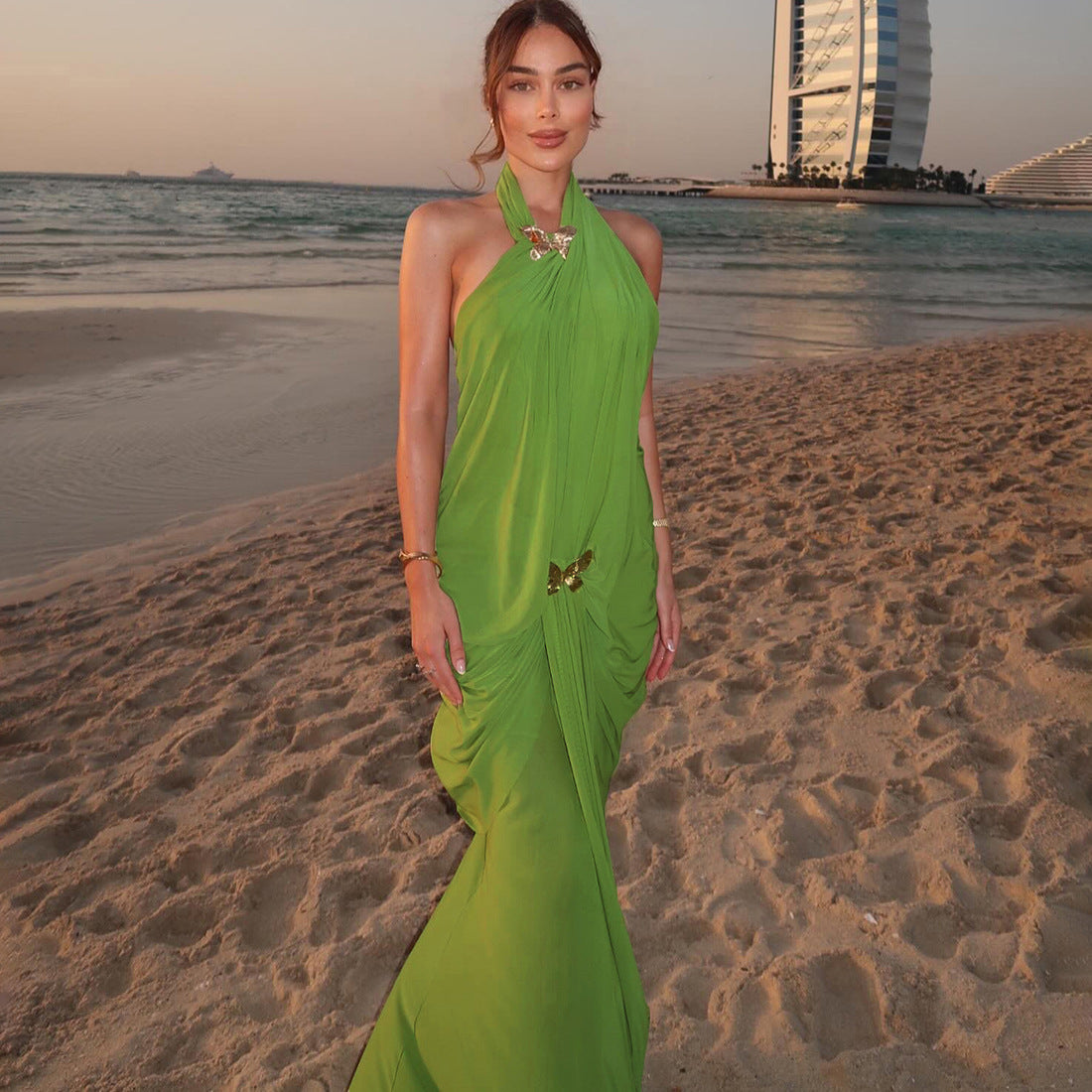 Solid color mesh creative halter neck backless dress