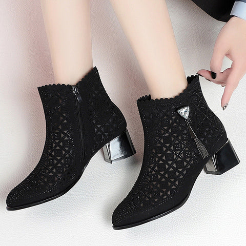 Charming Women's Mid Chunky Perforated Retro Heels