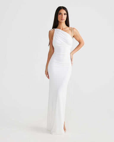 Gathered off-shoulder halter dress