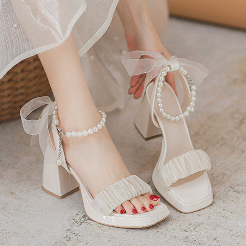 Women's Summer Chunky Platform Pearl Mary Heels