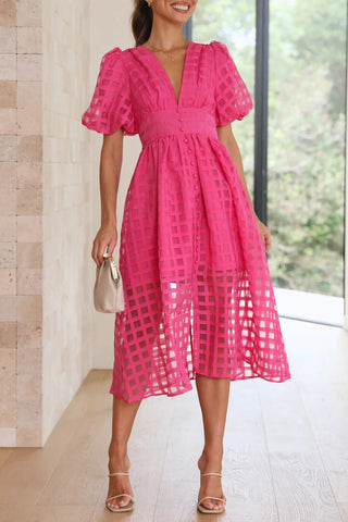 V-neck Lantern Sleeve Grid Semi-sheer Dress