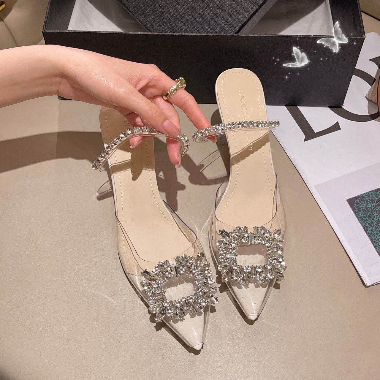 Women's Stylish Outdoor Summer Korean Style Rhinestone Pearl Word Heels