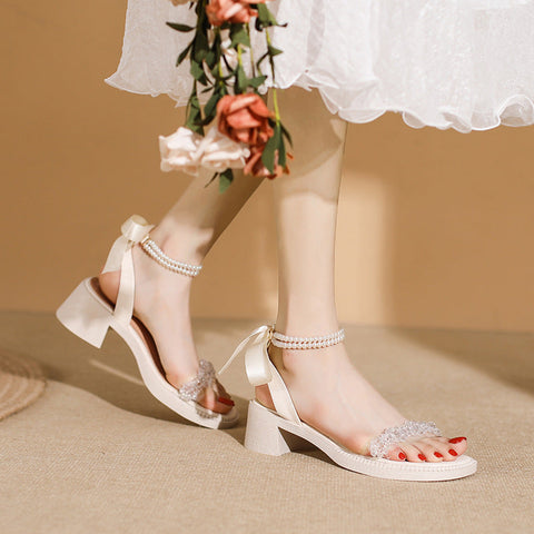 Women's Pearl Bow Peep Toe Fairy Traveling Heels