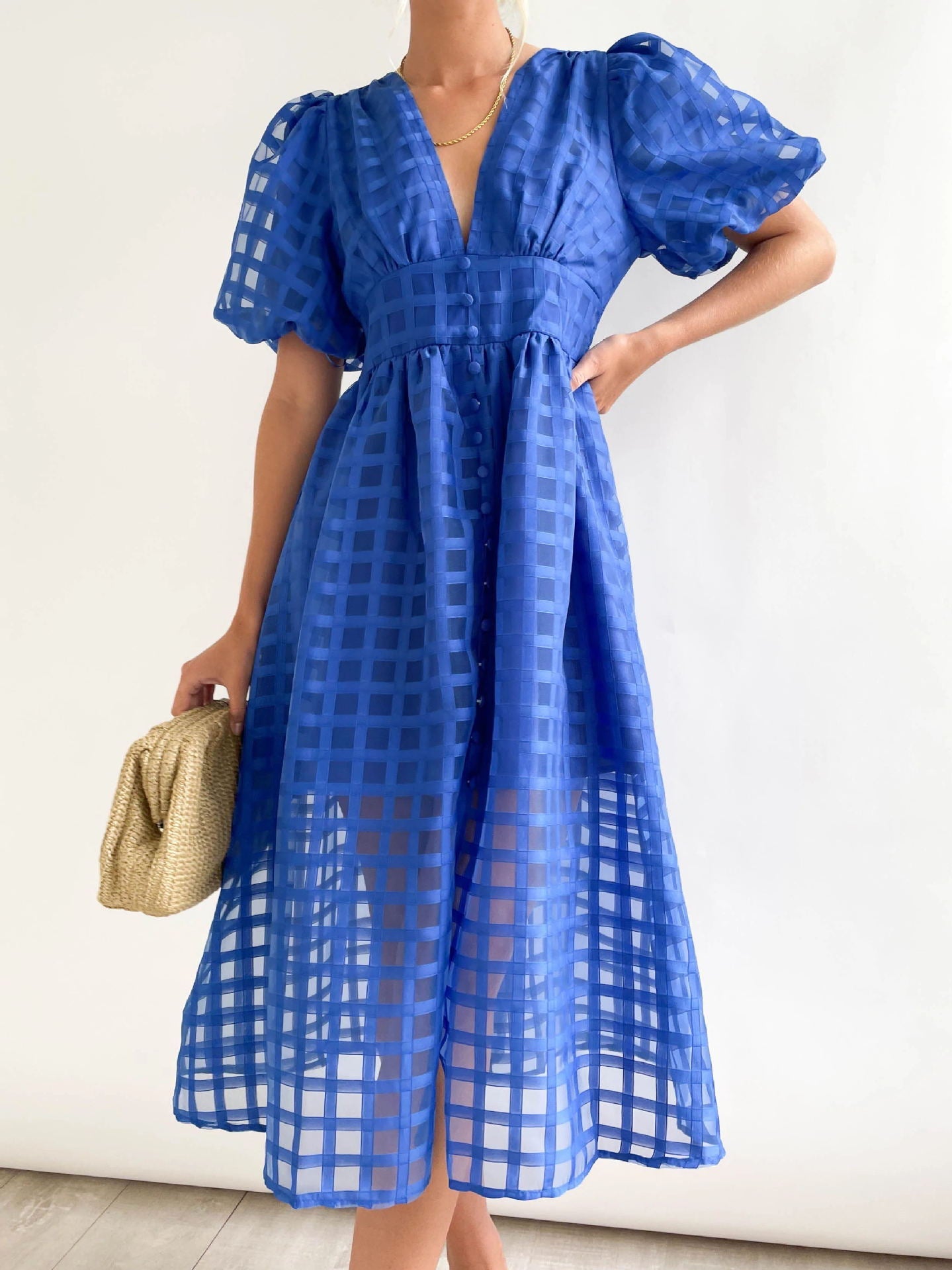 V-neck Lantern Sleeve Grid Semi-sheer Dress