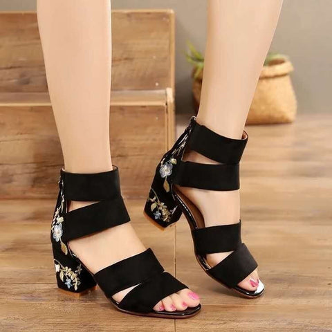 Mid Open Toe Elastic Band Back Zipper Heels