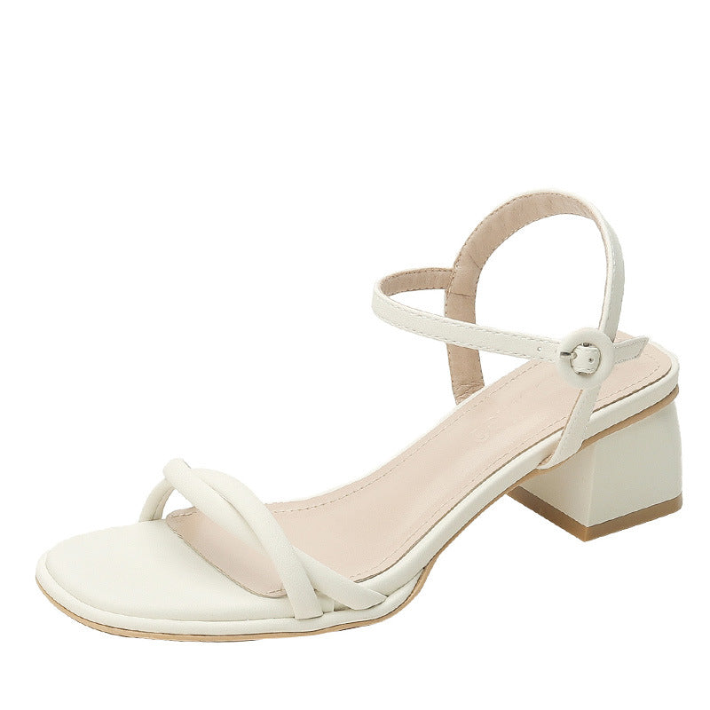 Women's Summer White Square Toe Thick Heels