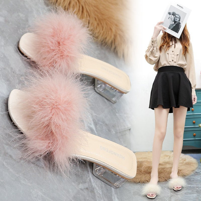 Women's Summer Korean Chunky Feather Solid Color Heels