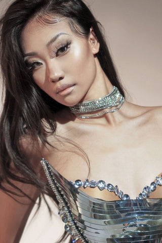 Metal Corset Crystals Mesh Dress