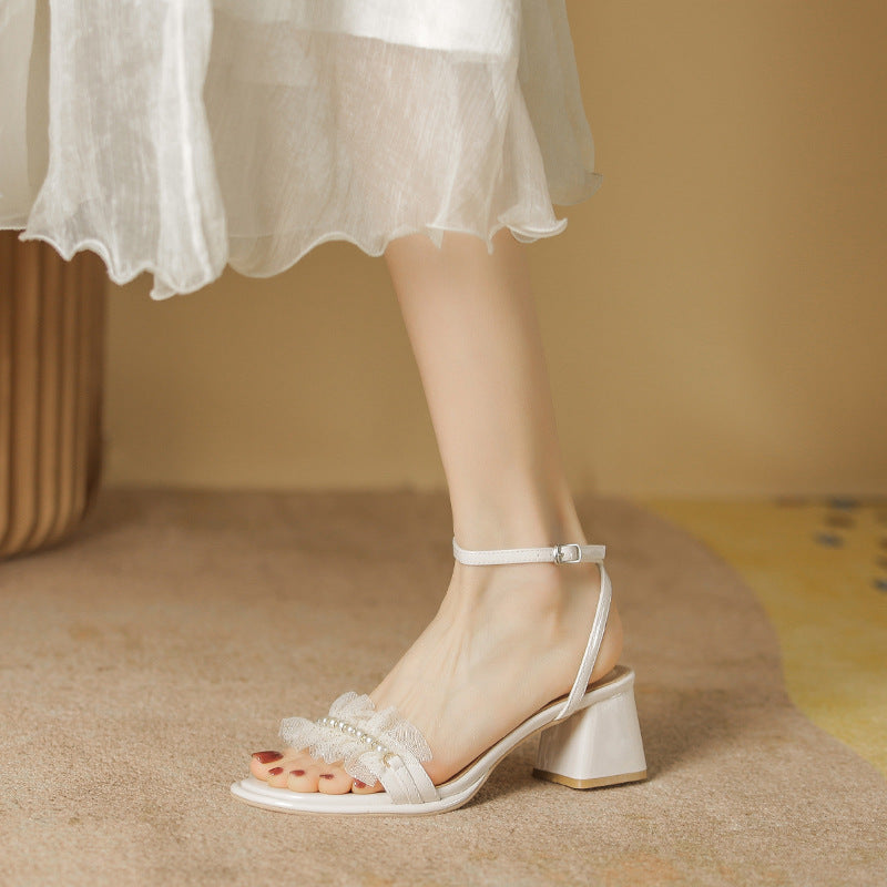 Women's And Chunky Pleated Lace Pearl Heels