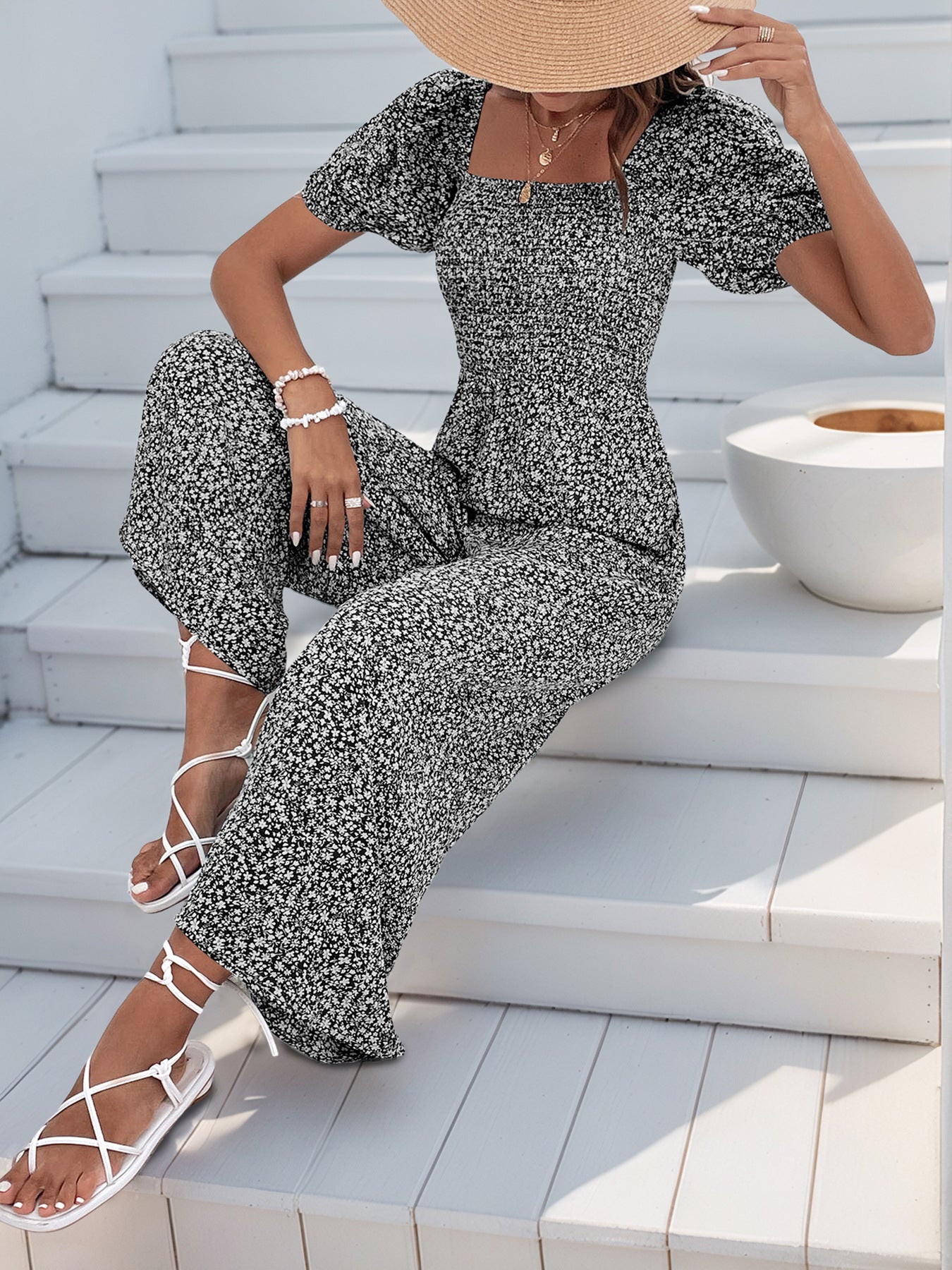 V Neck Wide Leg Polka Dot Jumpsuit