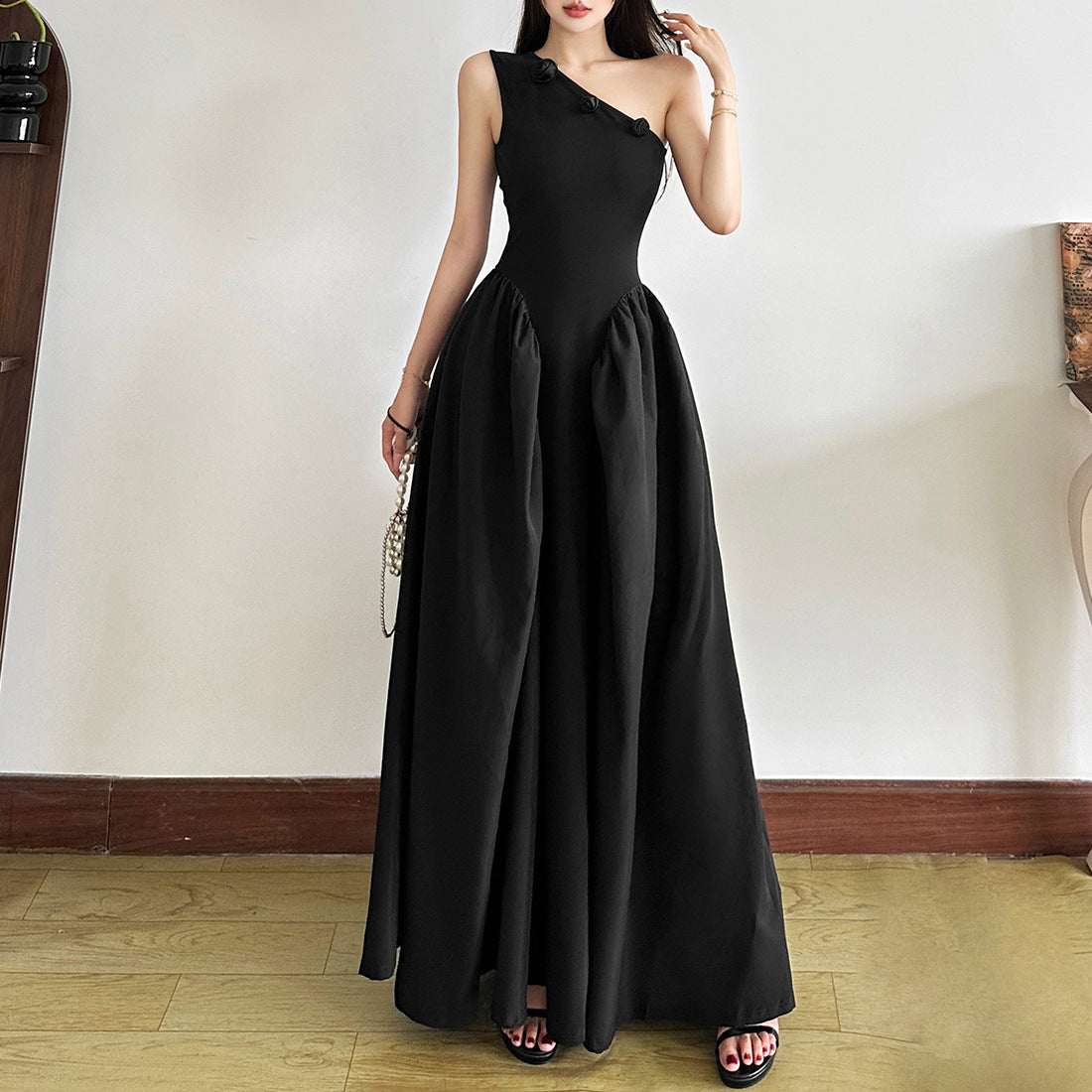 One-shoulder design 3D flower embellished maxi dress